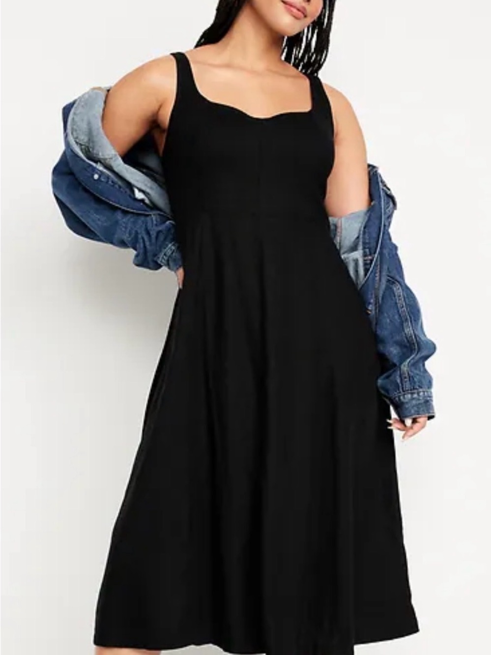 Old Navy Black Midi Dress with Sweetheart Neckline Linen Blend New WT